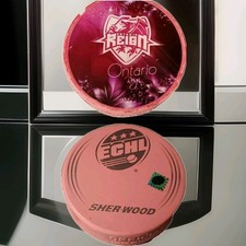 ONTARIO REIGN 🐉 🐲 Pink SHER-WOOD + INGLASCO RARE PINK ECHL OFFICIAL 🏒 PUCK 