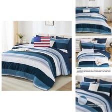 Andency Queen Comforter Set Navy - 7 Pieces Striped Bed In Bag, Soft All Season