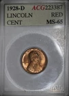 1928 D Lincoln Wheat Cent Accugrade ACG MS65 RD Red - Gem BU PQ+ Scarce!! #292
