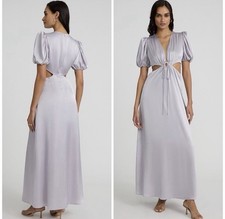NWTs Express Satin Mist Lavender V Neck Puff Sleeve Cut Out Maxi Satin Dress XS