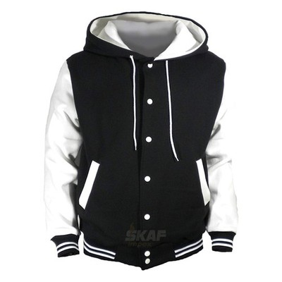 Men's Hooded Varsity Jacket Black White Fleece Letterman Baseball Hoodie Coat