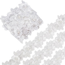 2 Yard 3D Polyester Flower Lace Edge Trim Ribbon Pearl Beads Edging Trimmings Em