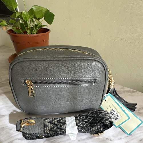Grey Pebbled Faux Leather Small Crossbody Bag Geometric Strap Tassel Zip 20cm