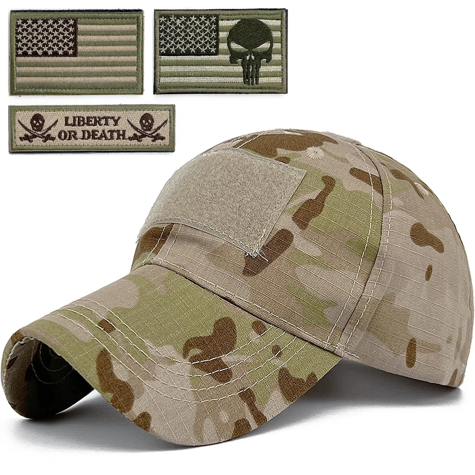 Tactical Military Mens Camo Baseball Hat with American Flag Skull Patch Patri...
