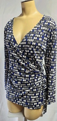 Evan Picone Top Blouse Shirt Faux Wrap V Neck Polka Dot Blue Black Sz L 