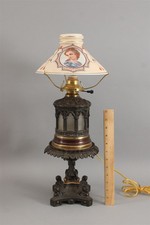  RARE 19thC Antique Boston & Sandwich Painted Shade & Iden NY Oil Lamp,
