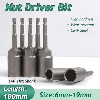 1/4'' Hex Deep Nut Driver Set 6 to 13mm Metric Socket Impact Drill Bits L100mm
