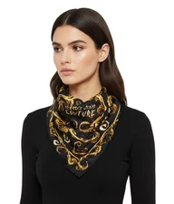 Versace Jeans Couture Silk Square Scarf with Print – Black and Gold
