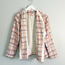 CHICO  S Women  s Blue Orange Ivory Tweed Boucle Stripe Jacket Blazer Open 12/14