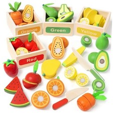 Wooden Play Food Toy Set for Kids Kitchen - 30 Pcs Montessori Cutting Color