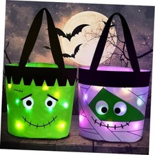 Halloween Trick or Treat Candy Bags LED Light Up Pumpkin Bucket, Green white
