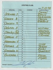 7-13-98 Toronto Blue Jays - Game Used Lineup Card - Shawn Green & Jose Canseco