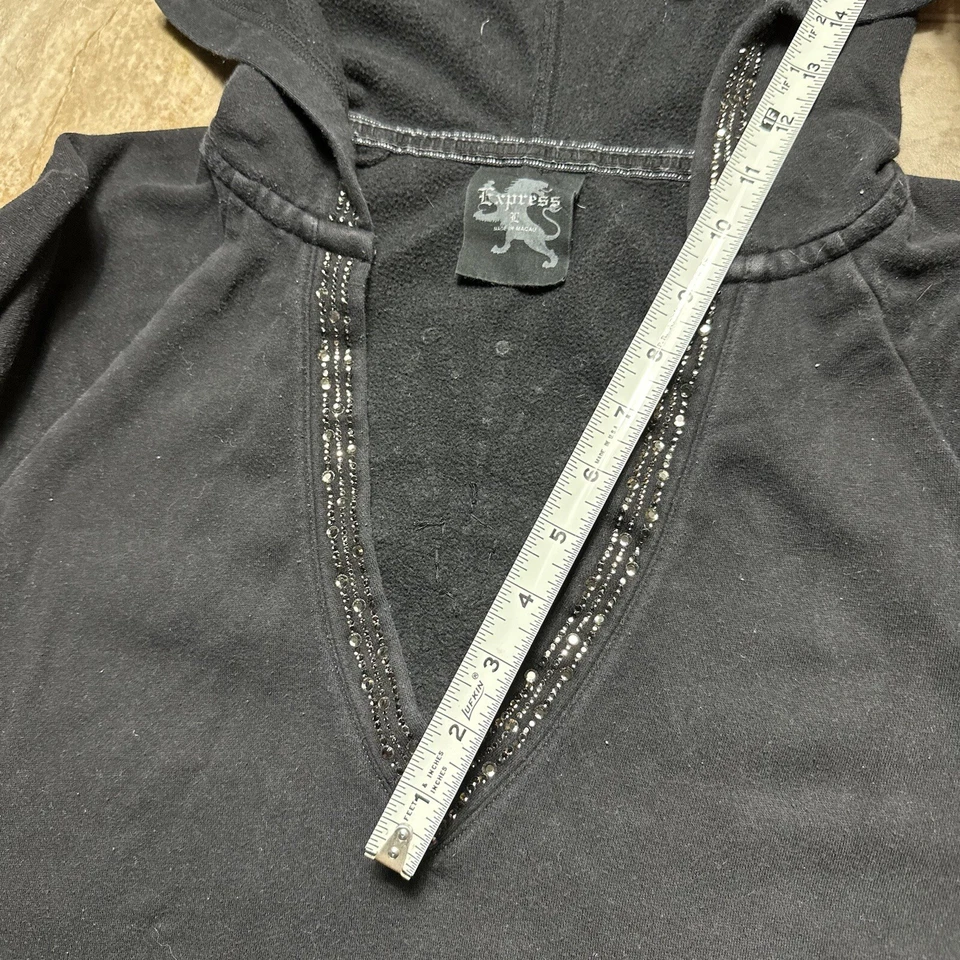 Sudadera con capucha negra deslumbrada Express vintage cuello en V pulóver adornado grunge para mujer L Foto 4 de 4
