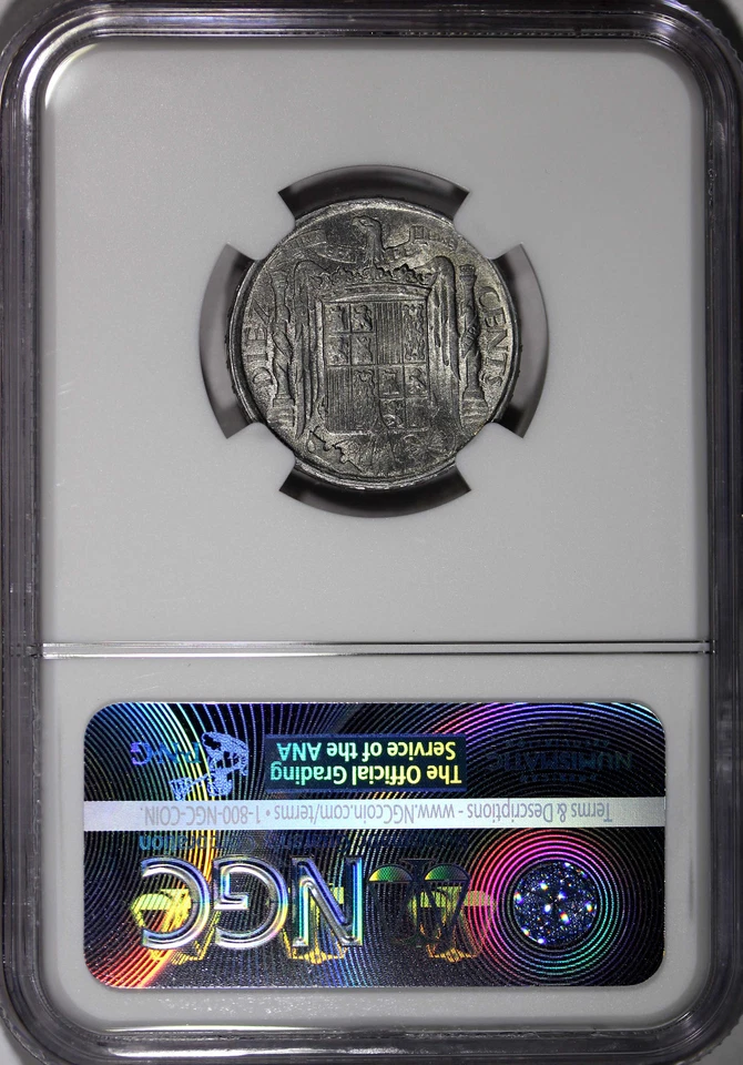 Espanha Alumínio 1945 10 Centimos NGC MS63 Edição Segunda Guerra Mundial BOM BU MOEDA KM# 766 (079) - Imagem 3 de 4