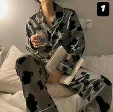 Cute Loose Women Printed Button Pyjamas Long Sleeve Nightwear Sleepwear Set