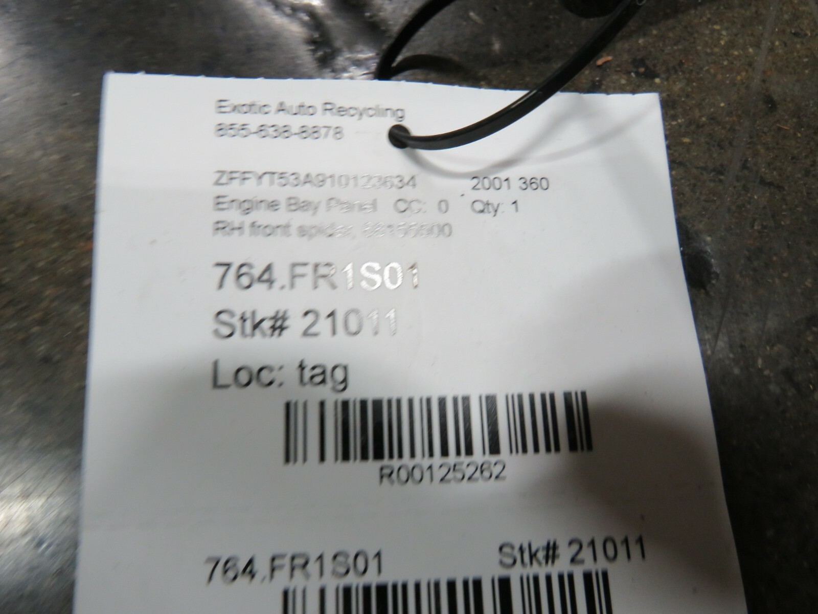 Ferrari 360 Spider, RH, Right, Front Engine Bay Panel, Used, P/N 66155500