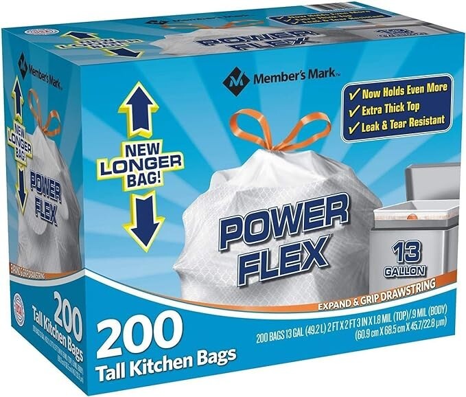 Member's Mark 13 gallon Tall Kitchen Bags New Longer Bag, 200Count(Pack of 1)