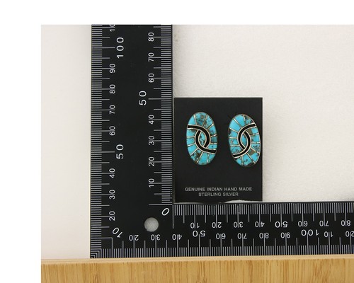 Navajo Earrings 925 Silver Natural Morenci Turquoise Native Artist C.80's - Picture 5 of 6