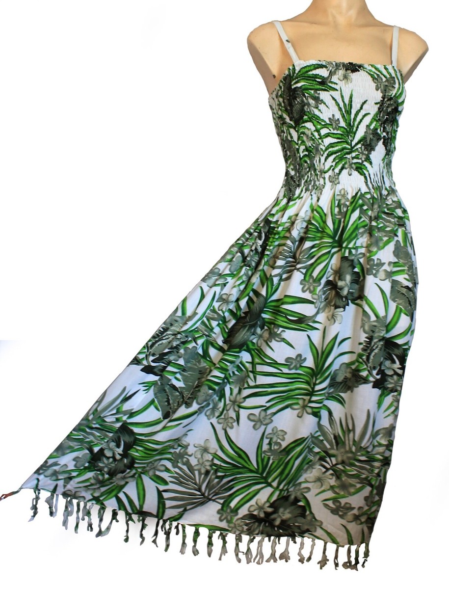 WHITE/GREEN Strappy summer beach dress elasticated size 10-16 summer  holiday new