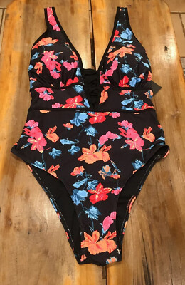 Women s Flatter Me Rosa Orange Floral Plunge One Piece Swimsuit Size 3XL NWT