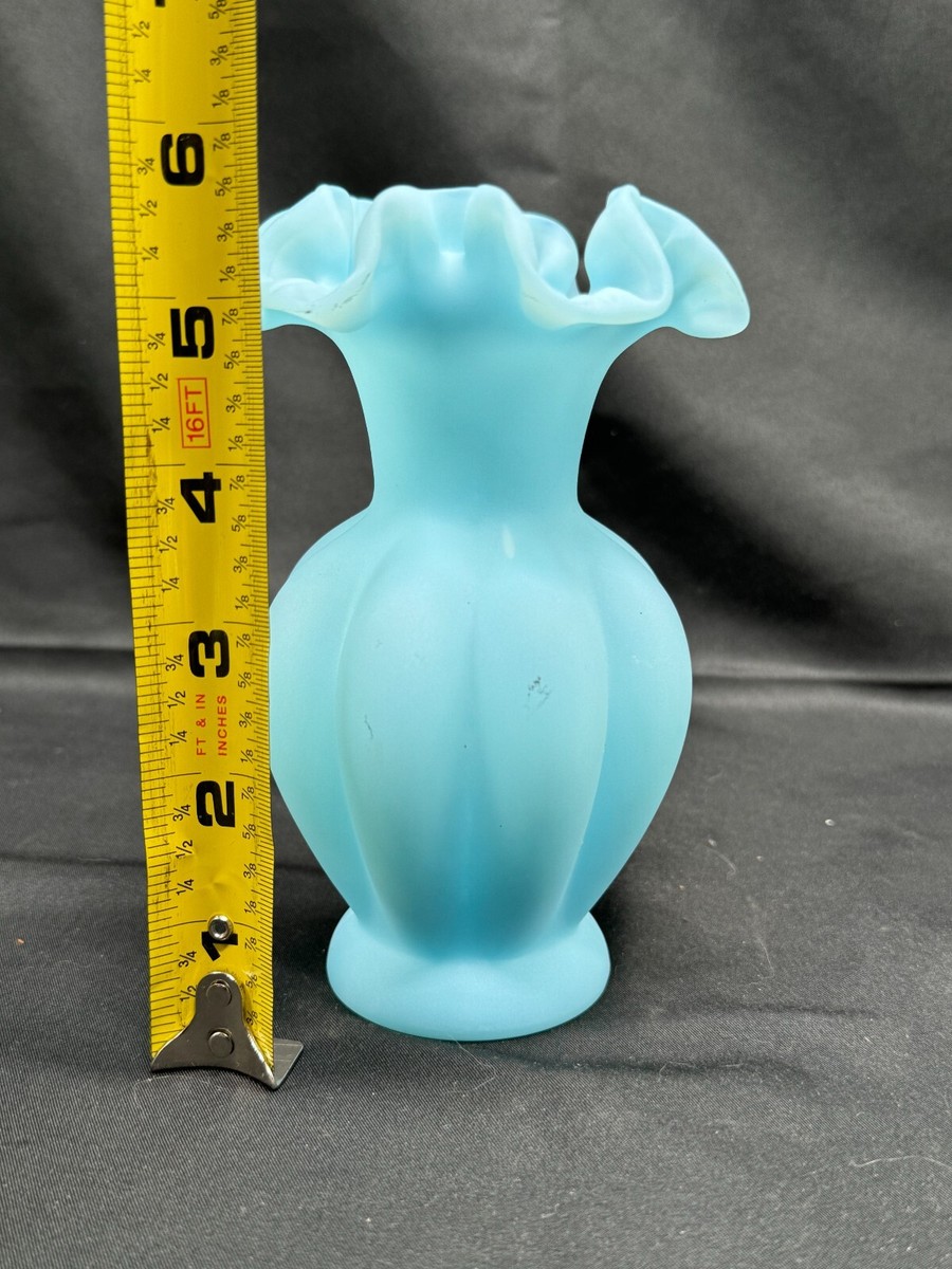 Vintage Fenton Blue Satin Glass Melon Vase with Ruffled Top