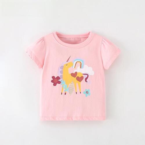 T-shirt a maniche corte rosa unicorno bambini equipaggio vestiti per bambini - Foto 1 di 6