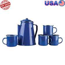 Enamel Percolator Set 8 Cup Coffee Pot 4 Mugs Stainless Steel Rim Camp Blue New
