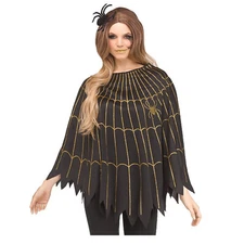 Adult Women's Gold Black Poncho Cape Spider Web Vampire Halloween Easy Costume