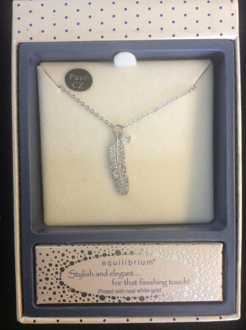 Cubic Zirconia Pave Feather. Necklace.