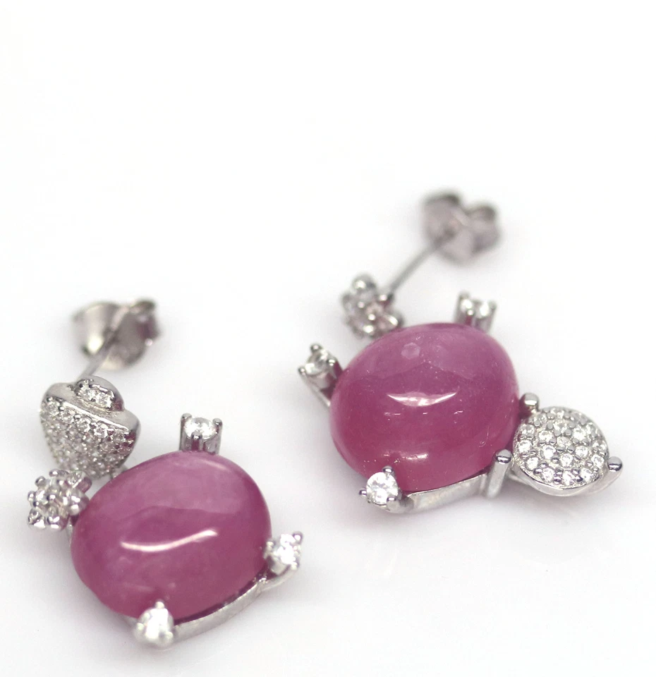 Heated 11 X 13 mm. Pink Ruby & Cubic Zirconia Earrings Silver 925 Sterling - Image 2 of 4