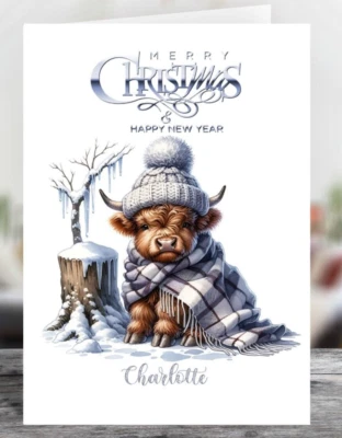 CUSH-N-CRAFT Personalised Highland Cow in Knitwear Christmas Greetings Card - Choose Size