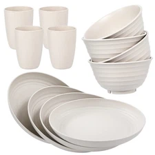 12pcs Wheat Straw Dinnerware Sets, Wheat Straw Plates and Bowls Sets for 4 Mi...