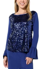 C Wonder by ChristianSiriano Women's RuffleCuff Sequin Detail Top Navy