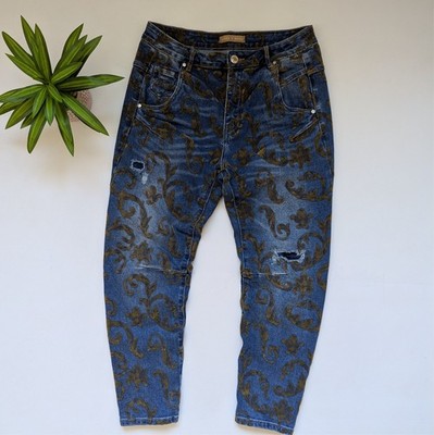 Marco Di Renzo Baroque Tapered Jeans Women s Size L Distressed Blue Gold Pattern