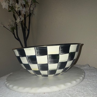 MacKenzie-Childs Ceramic Checkered Round Bowl Black White Printed Backstamp