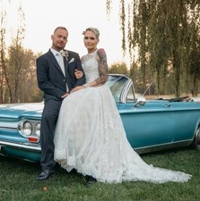 Size 6 - Oleg Cassini - Beaded Lace Wedding Gown - CWG780 - Champagne/Ivory 