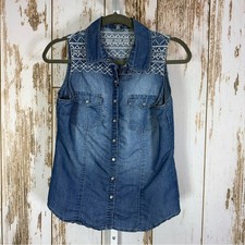 Charlotte Russe, Blue Denim Sleeveless Shirt. Size Medium. Pearl snaps.