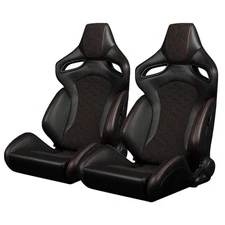 Braum® Black Leatherette & Honeycomb Alcantara W/ Red Stitch ORUE-S Seats - Pair
