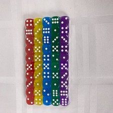 Set of multi-colored six-sided dice, featuring a vibrant rainbow