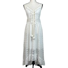 SHEIN Women's Maxi Dress Medium White Lace Spaghetti Strap Pom Pom Tie Boho