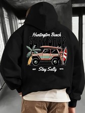 Men'S Huntington Beach Surf Shop Graphic Hoodie - Vintage Surfboard Palm Tree