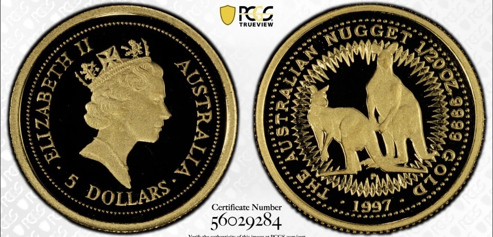 1997 $5 Australia 1/20 Gold Proof Kangaroo / Nugget Coin PR69 POP 1 • 853 Minted - Image 3 of 3