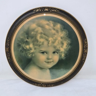 ANTIQUE BESSIE PEAGE GUTMANN ''SUNBEAM'' BABY PRINT #730 ROUND MOLDED FRAME 13.5''