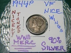 1944 P Mercury 90% Silver{X-FINE} WWII Dime, Nice Bands, Top & Bottom-Nice Wings