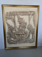 VTG Golden Thai Temple Rubbing Rice Paper Art Framed 17.5" X 21.75"