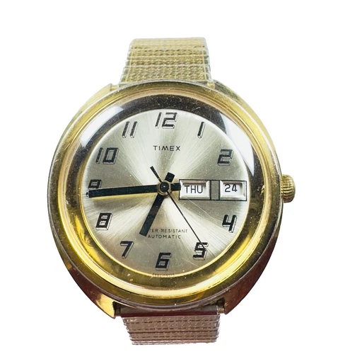 Vintage Timex Automatic Watch Gold Tone Day Date Dial Runs Great 1970s Style