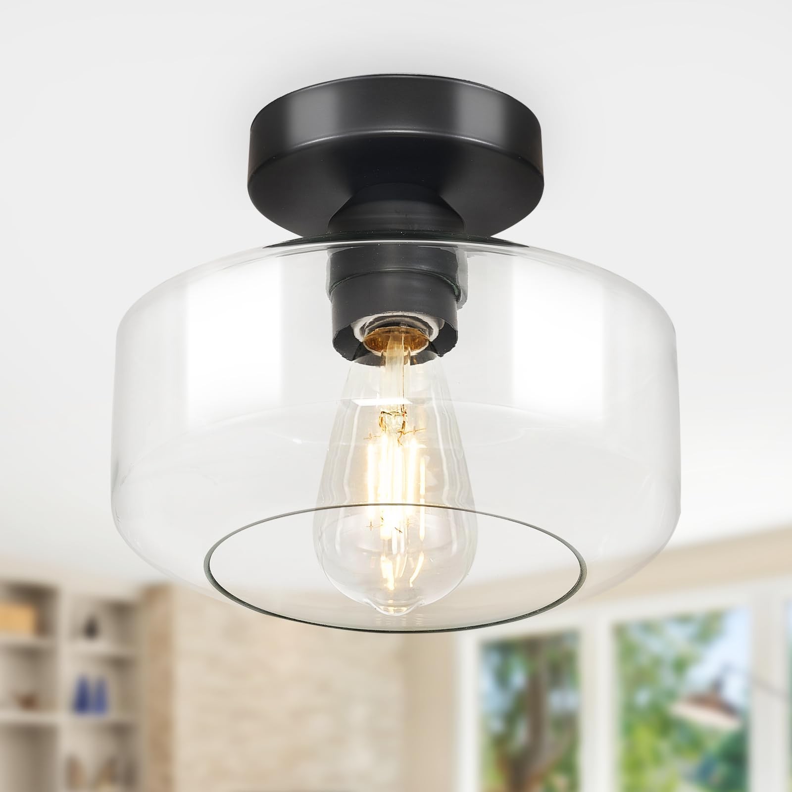 Black Industrial Semi-Flush Mount Ceiling Light for Kitchens