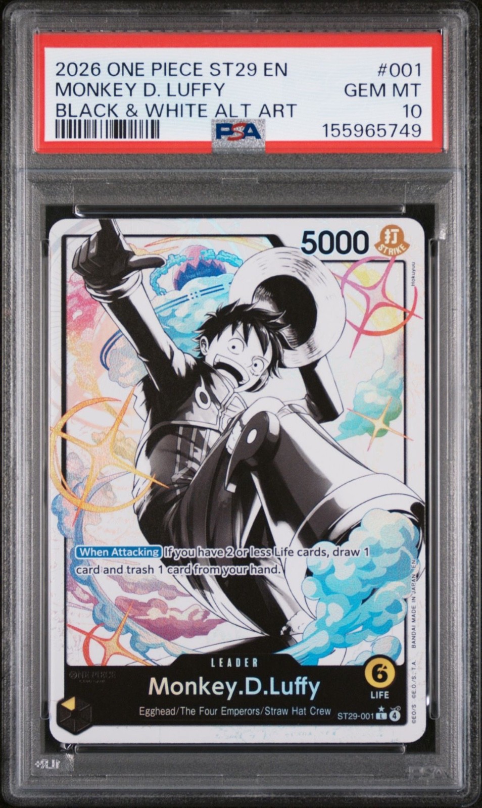 One Piece Monkey D Luffy Black & White Alternate Art ST29-001 PSA 10 Gem Mint
