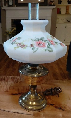 #ad Antiqu 21” Aladdin 12 Oil Converted To Electric Brass Oil Lamp Handpainted shade $68.00