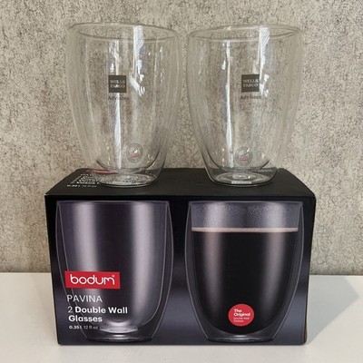 Bodum Pavina Double Wall Glasses 12oz New in Opened Box Wells Fargo Logo 2 Pc